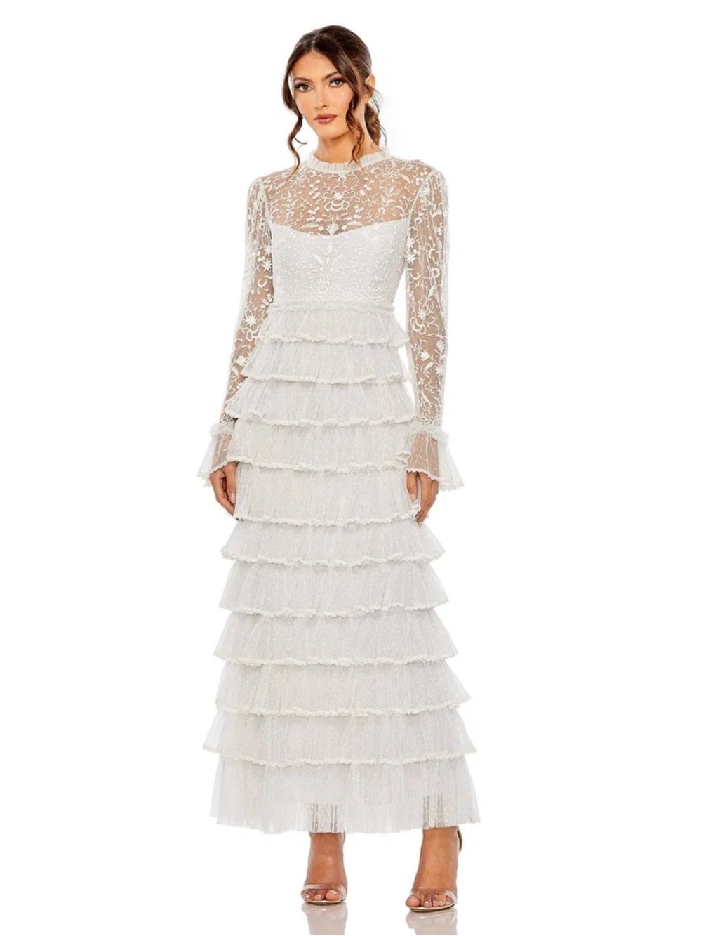Mac Duggal White Lace Tiered Maxi Dress with Sheer Long Sleeves